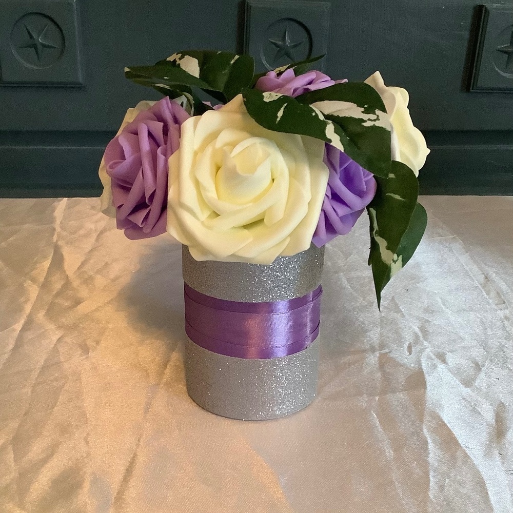 Rose centerpiece embellished with satin & glitter ribbon…you pick colors
